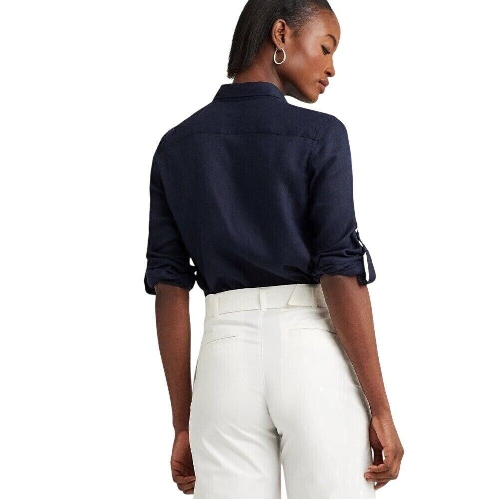 Lauren Ralph Lauren Relaxed Fit 100% Linen Roll Tab Sleeves Shirt Navy Women XL - Picture 6 of 13